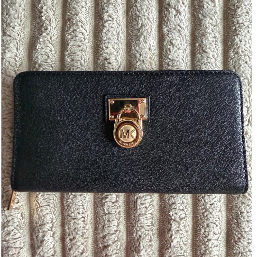 Michael Kors Hamilton Black Pebbled Leather Zip Around Wallet Gold Padlock